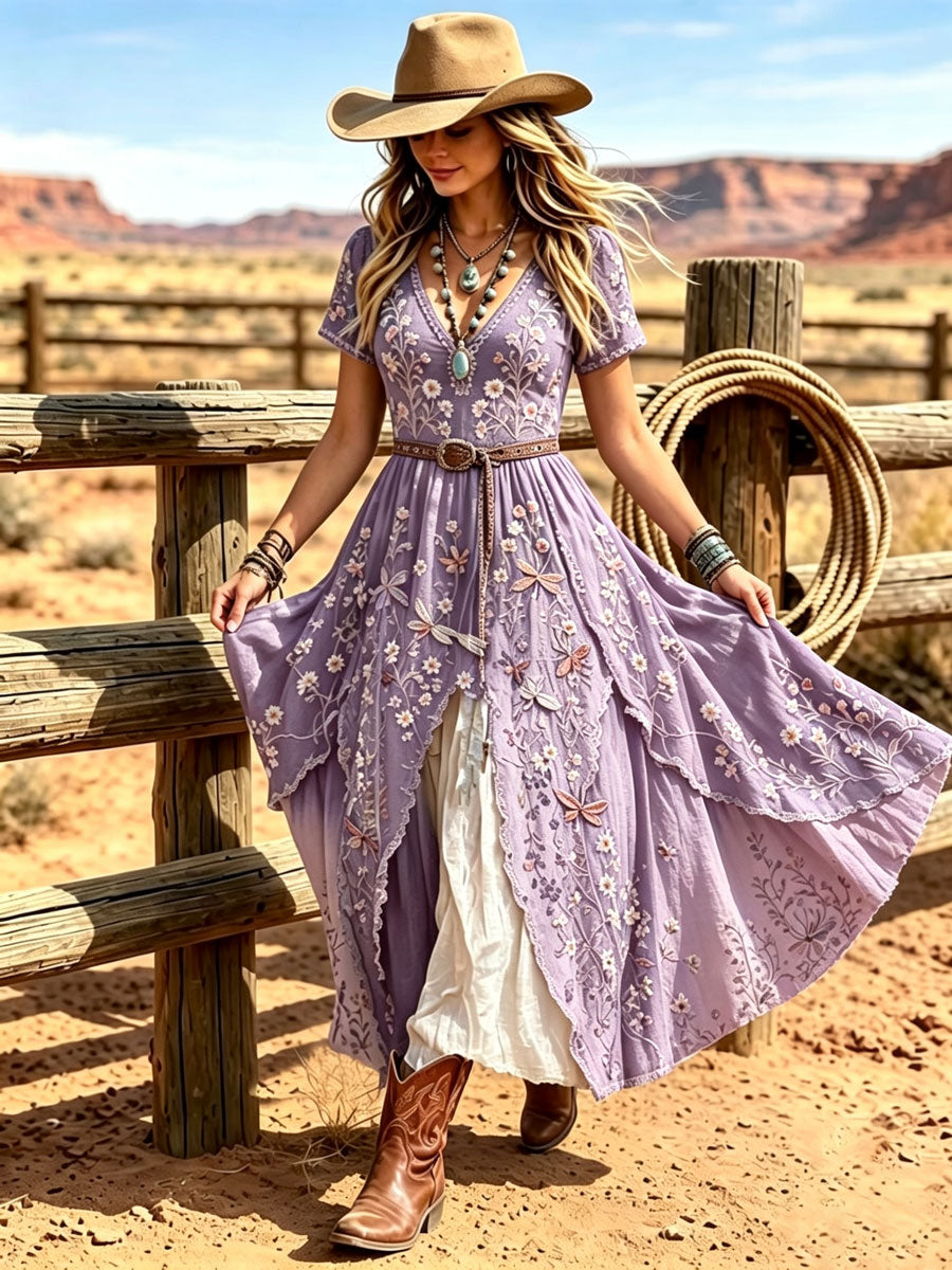 Women's Western Vintage Linen-Blend Maxi Dress