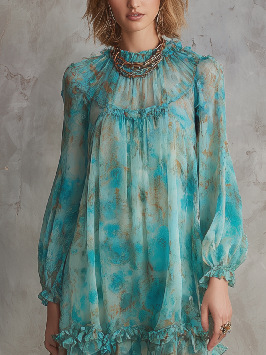 Printed Tulle Ruffle Mini Dress