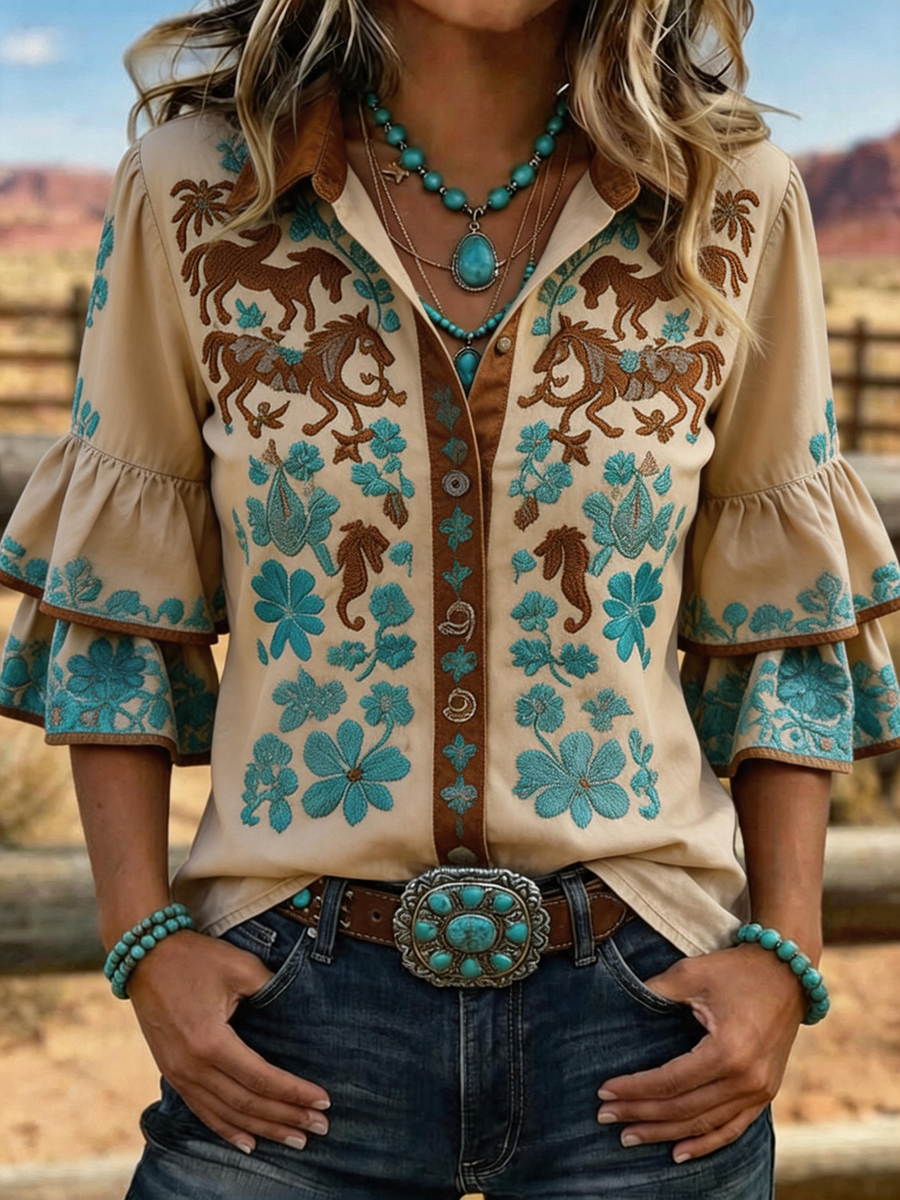 Women's Floral Horse Art Printed Bubble Sleeve Casual Shirt