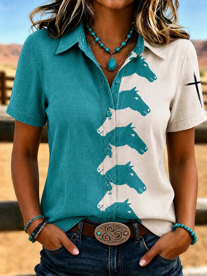 Women'S Retro Western Style Cross Short Sleeved Shirt