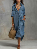 Casual Bohemian Style Washed Blue Shirt Dress