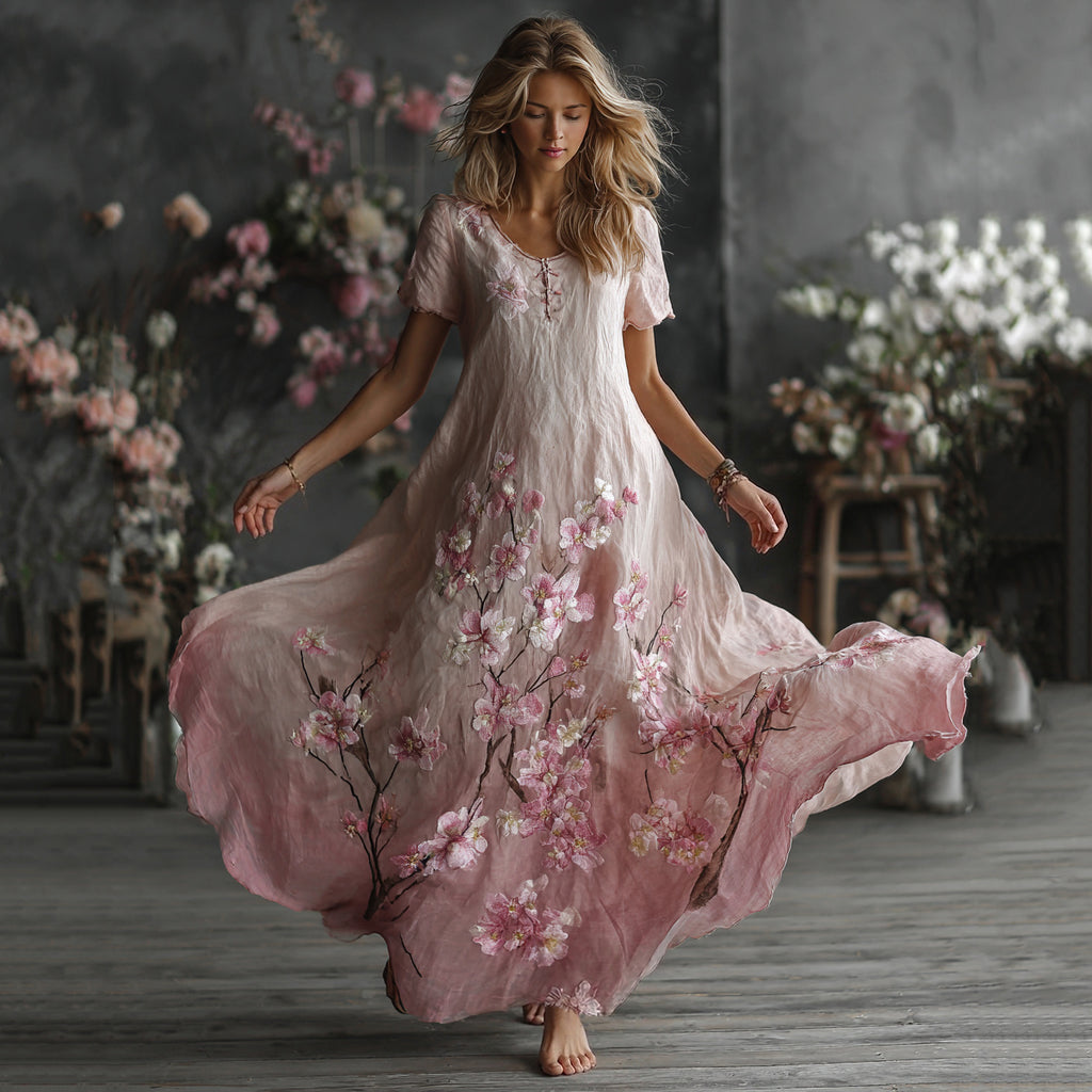 Women's Beautifully Embroidered Floral Gradient Print Maxi Dress