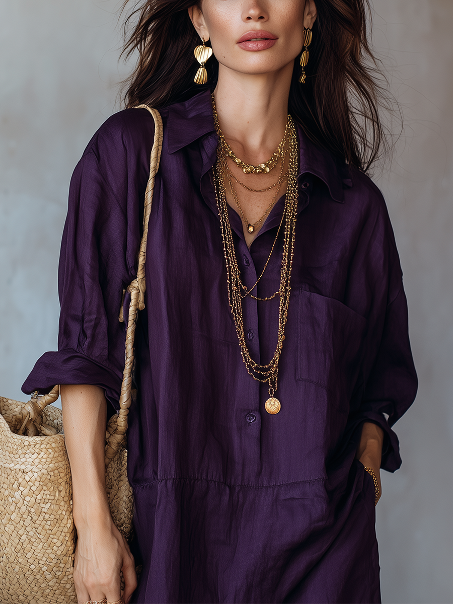 Purple Button Down Shirt Dress In A Bohemian Style