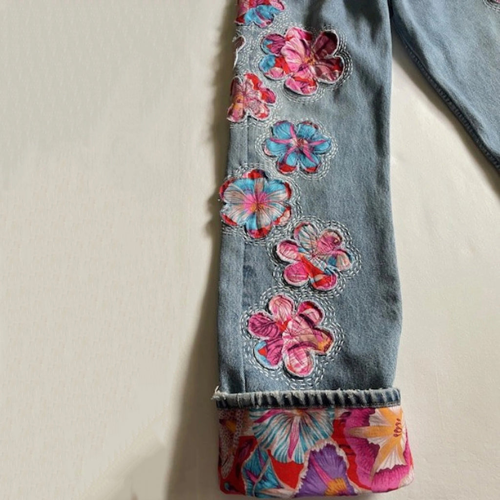 Vintage Japanese Sakura Applique Embroidery Art Design Jeans