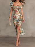 Retro And Elegant Floral Ruched Square-Neck Midi Dress