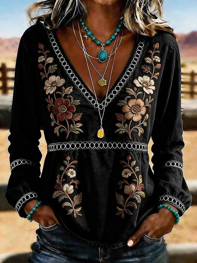 Women's Western Vintage Floral Print Casual V-Neck T-Shirt