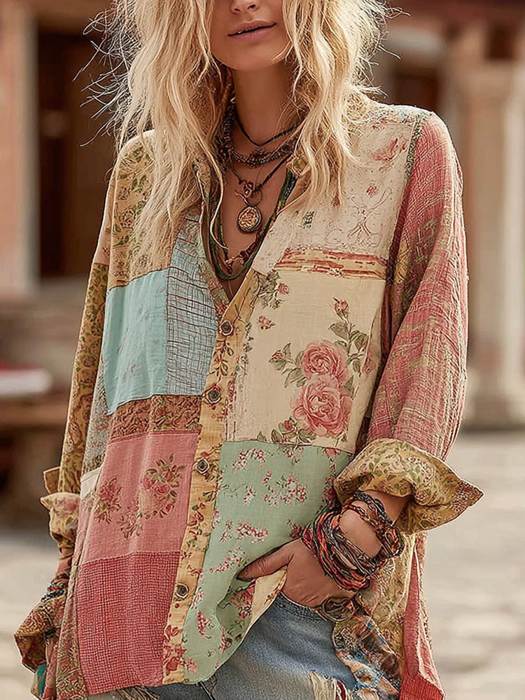 Women's Vintage Bohemian Patchwork Print Casual Shirt