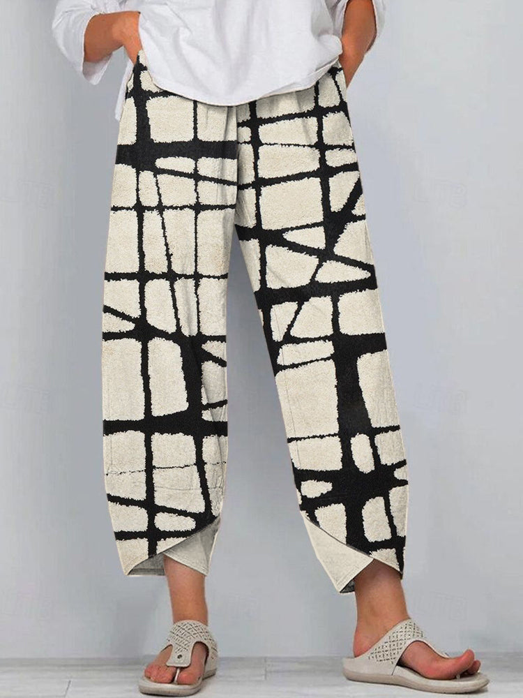 Abstract Art Line Print Linen Blend Pants