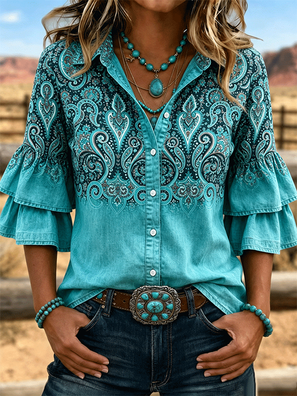 Women's Western Paisley Gradient Double Ruffle Bell Sleeve Button Down Shirt