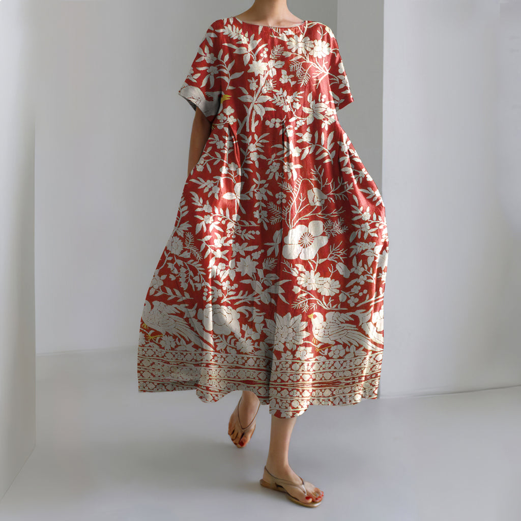 Japanese Flower And Bird Art Print Crew Neck Linen Blend Midi Dress