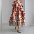 Japanese Flower And Bird Art Print Crew Neck Linen Blend Midi Dress