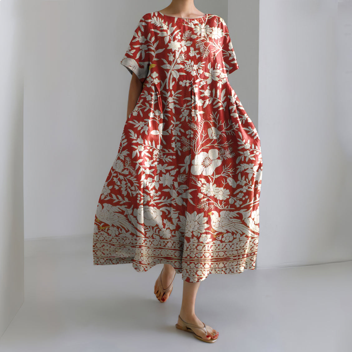 Japanese Flower And Bird Art Print Crew Neck Linen Blend Midi Dress