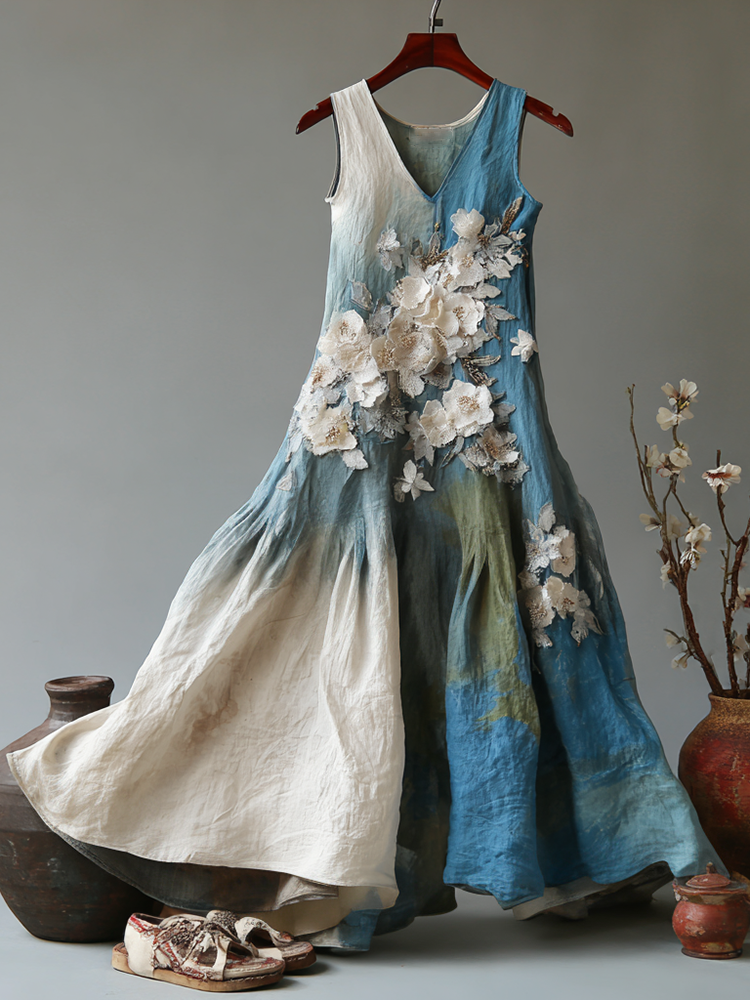 Women's Vintage Japanese Floral Art Gradient Casual Linen Sleeveless Dress