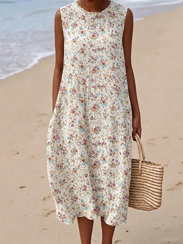 Women's Vintage Floral Casual Sleeveless Linen Dress