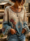 Women's Vintage Western Art Pattern Long Sleeve Linen Blend T-shirt