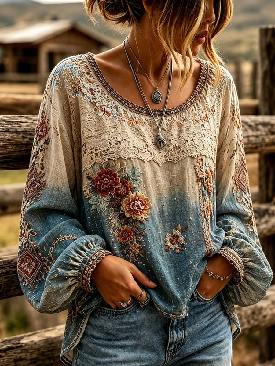 Women's Vintage Western Art Pattern Long Sleeve Linen Blend T-shirt
