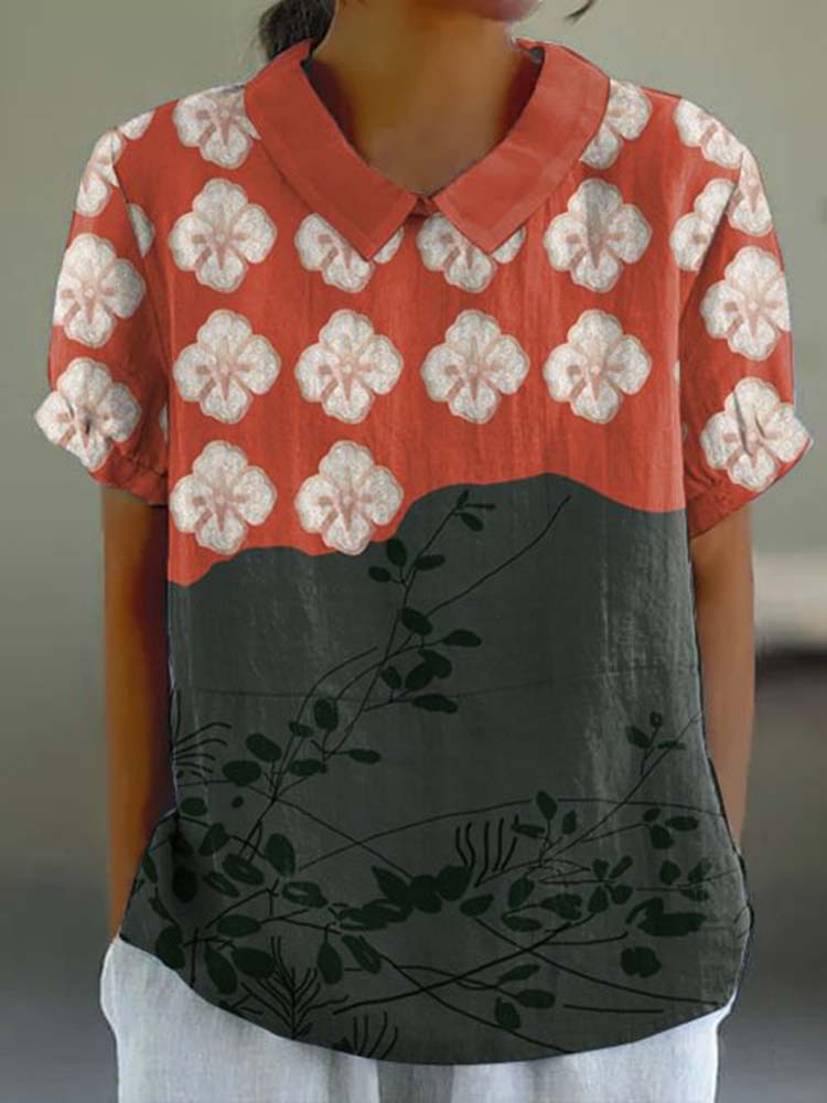 Japanese Art Flower Print Lapel Casual Blouse