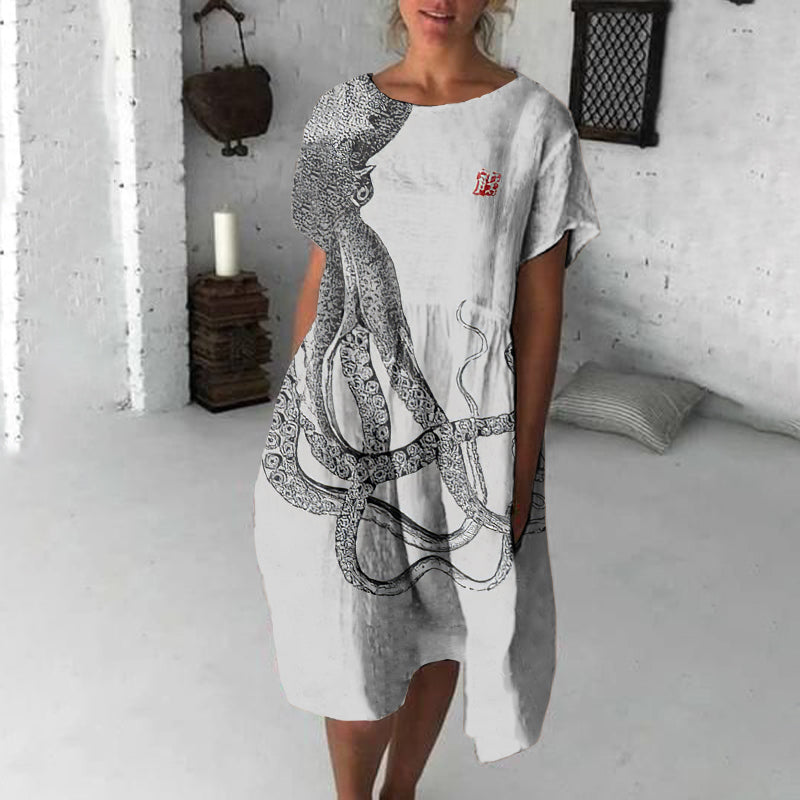 Japanese Art Octopus Print Crew Neck Loose Midi Dress