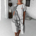 Japanese Art Octopus Print Crew Neck Loose Midi Dress
