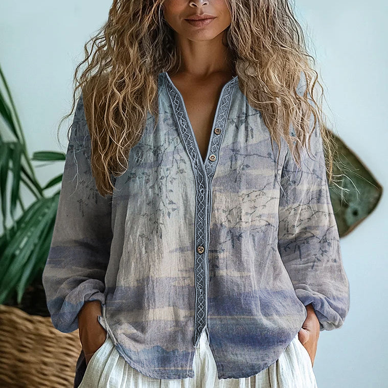 Bohemian Style Linen Graduate Floral Art Print Long Sleeve Shirt