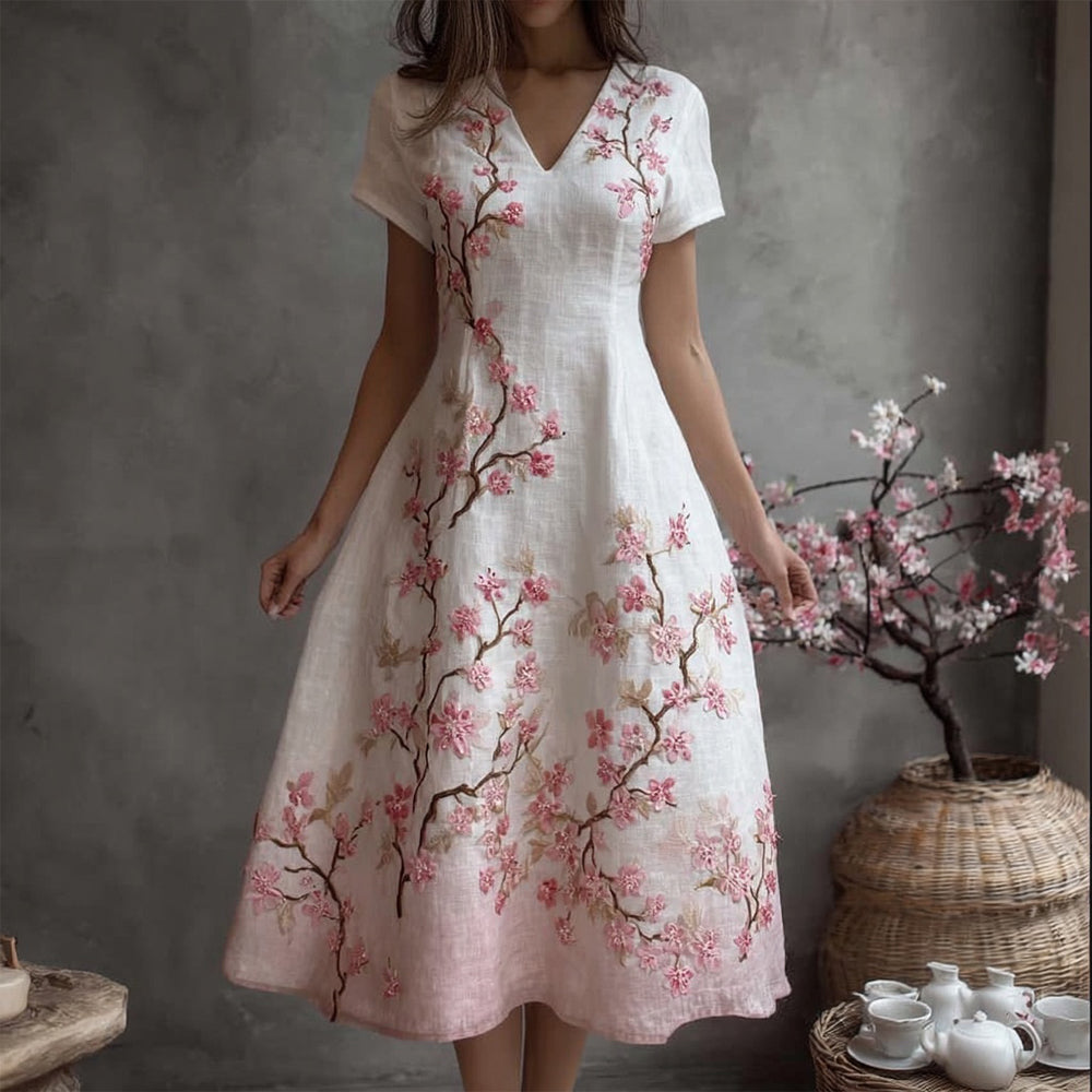 Vintage Cherry Blossom Art V Neck Comfy Linen Maxi Dress