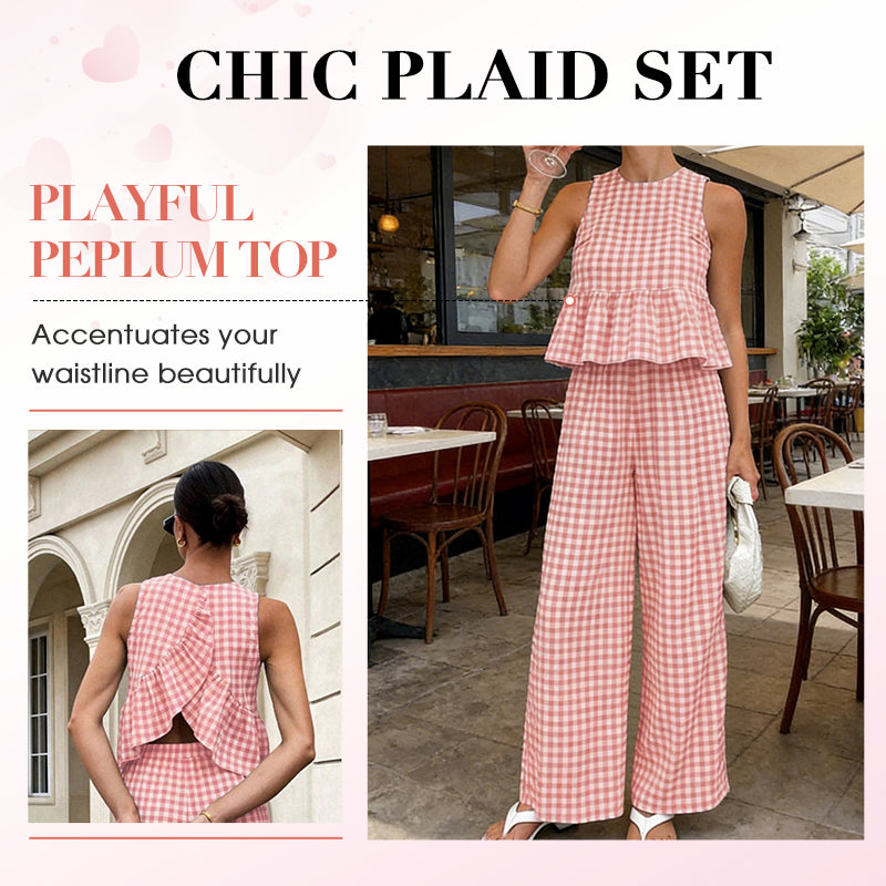 Women's 2 Piece Plaid Print Outfits Ruffle Top & Pants