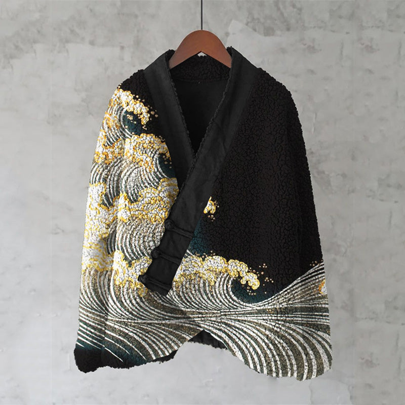 Sea Waves Japanese Contrast Art Cozy Fleece Kimono Cardigan