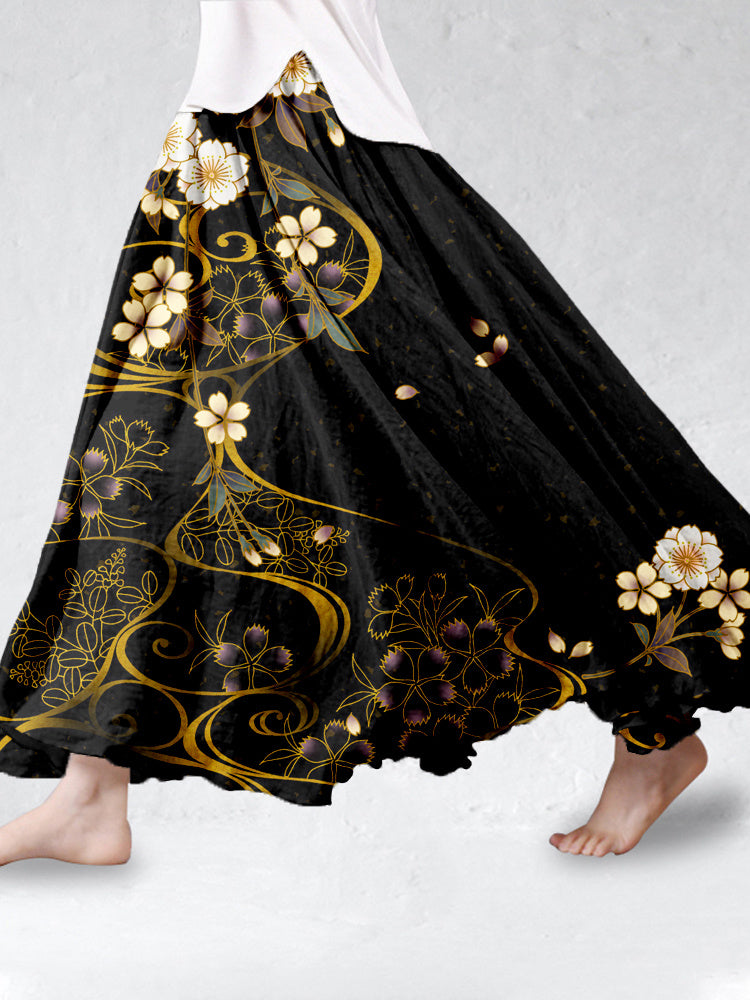 Japanese Cherry Blossoms Art Linen Blend Flowy Wide Skirt