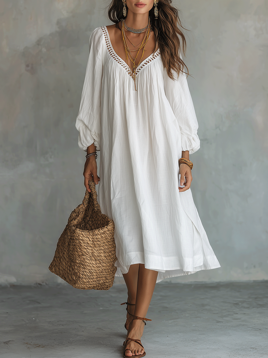 Quiet Luxury Soft-Gathered Cotton Boho Midi Dress