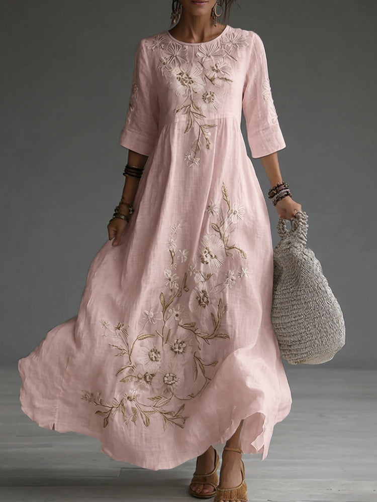 Japanese Floral Art Embroidered Casual Linen Maxi Dress