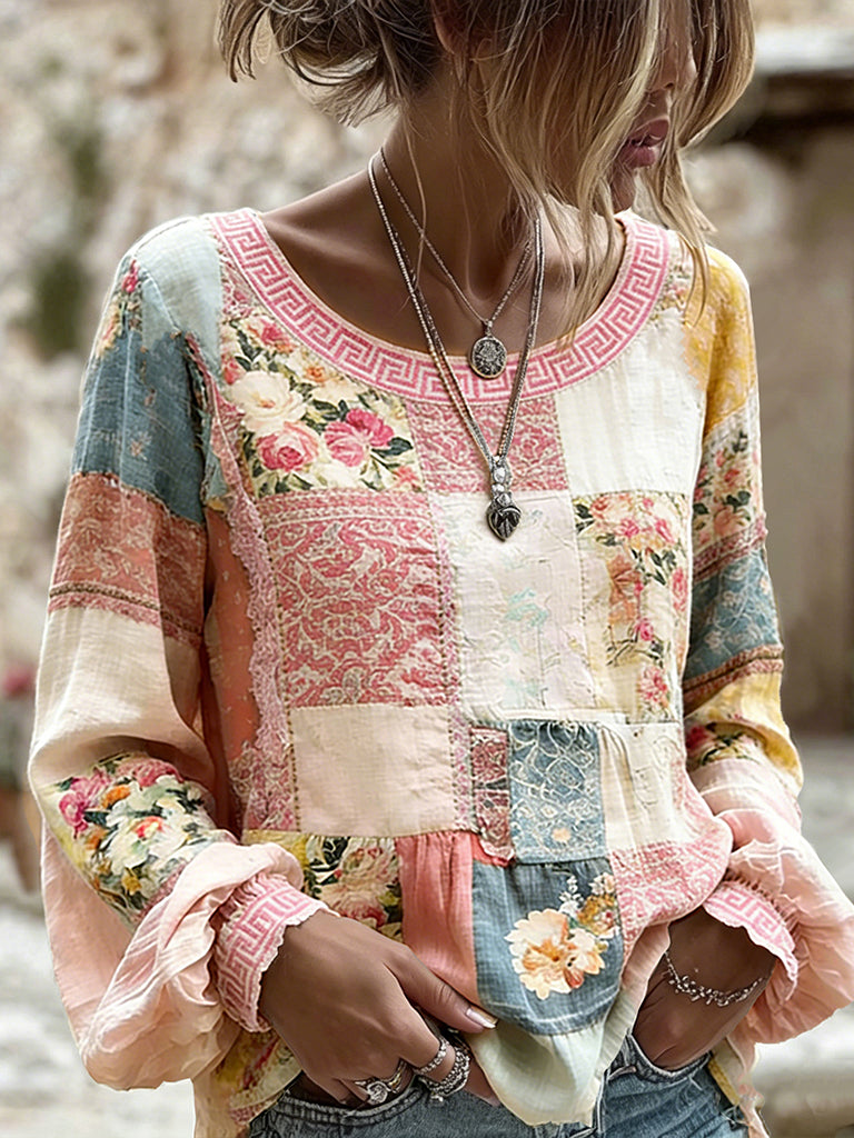 Women's Retro Bohemian Floral Pattern Casual T-shirt