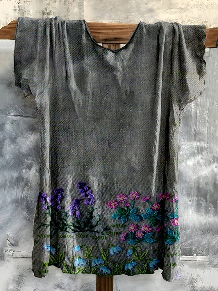 Vintage Bohemian Embroidered Floral Cotton T-shirt