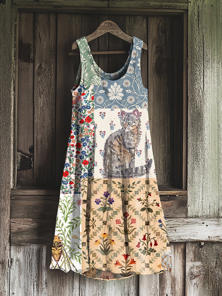 Vintage Patchwork Cute Cat And Floral Art Linen Tank Dress