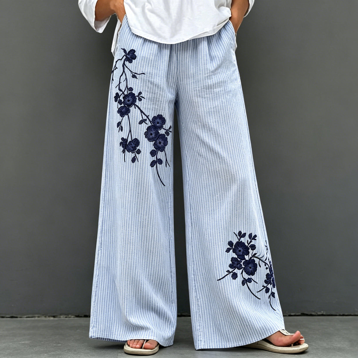 Vintage Plum Bossom With Stripe Art Casual Pants