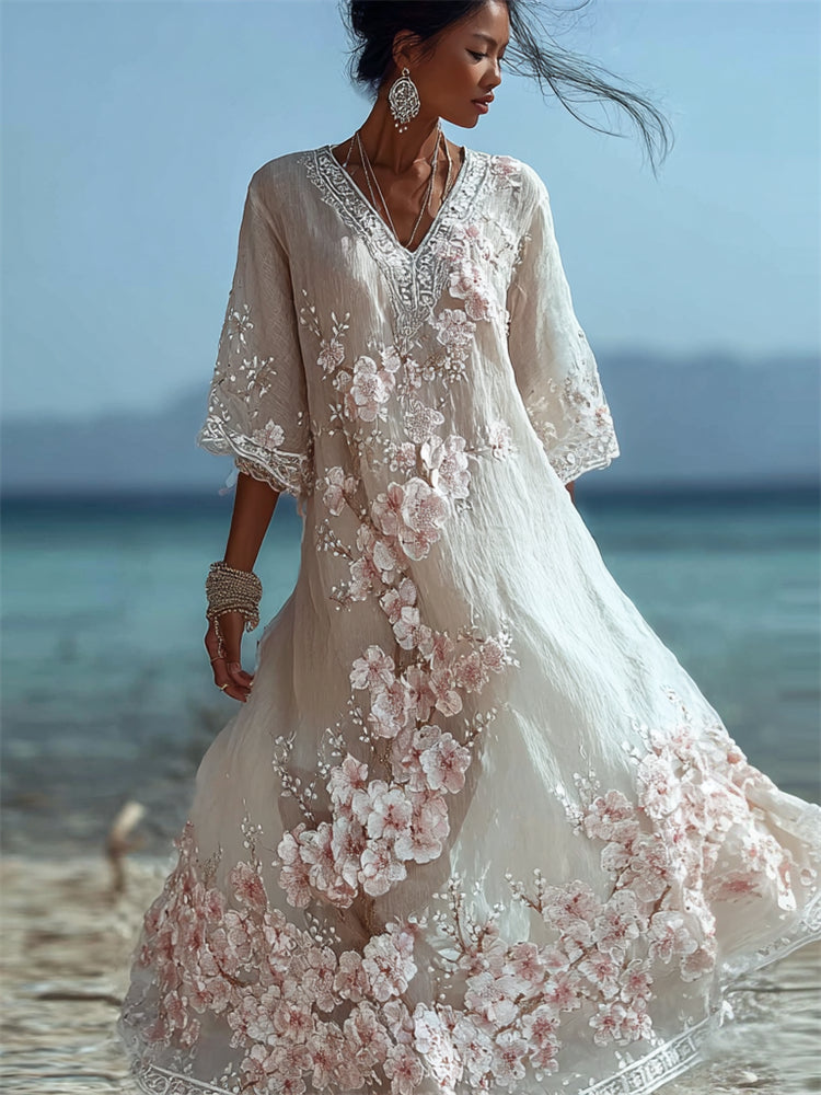 Vintage Japanese Cherry Blossom Floral Flowy Linen Maxi Dress