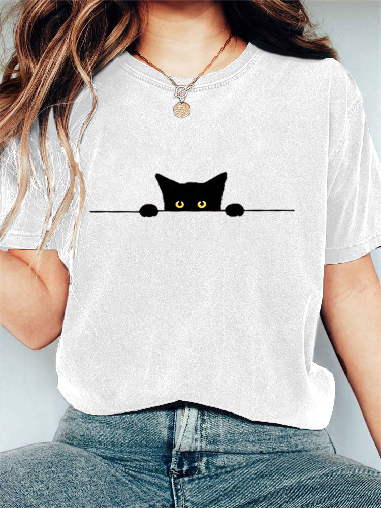 Women's Casual Funny Black Cat Print T-shirt