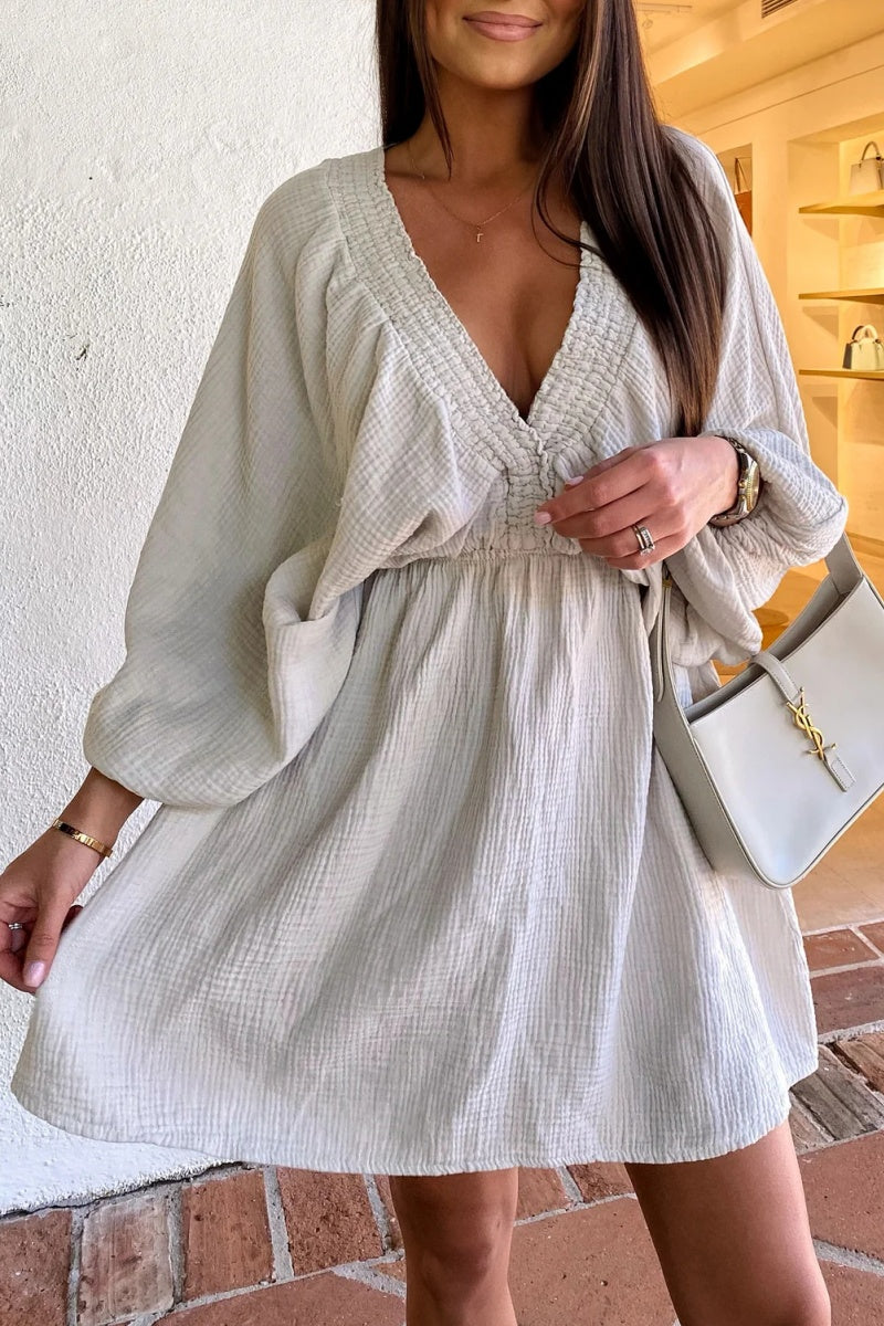 Cheesecloth Ruched Detail V-Neck Dress