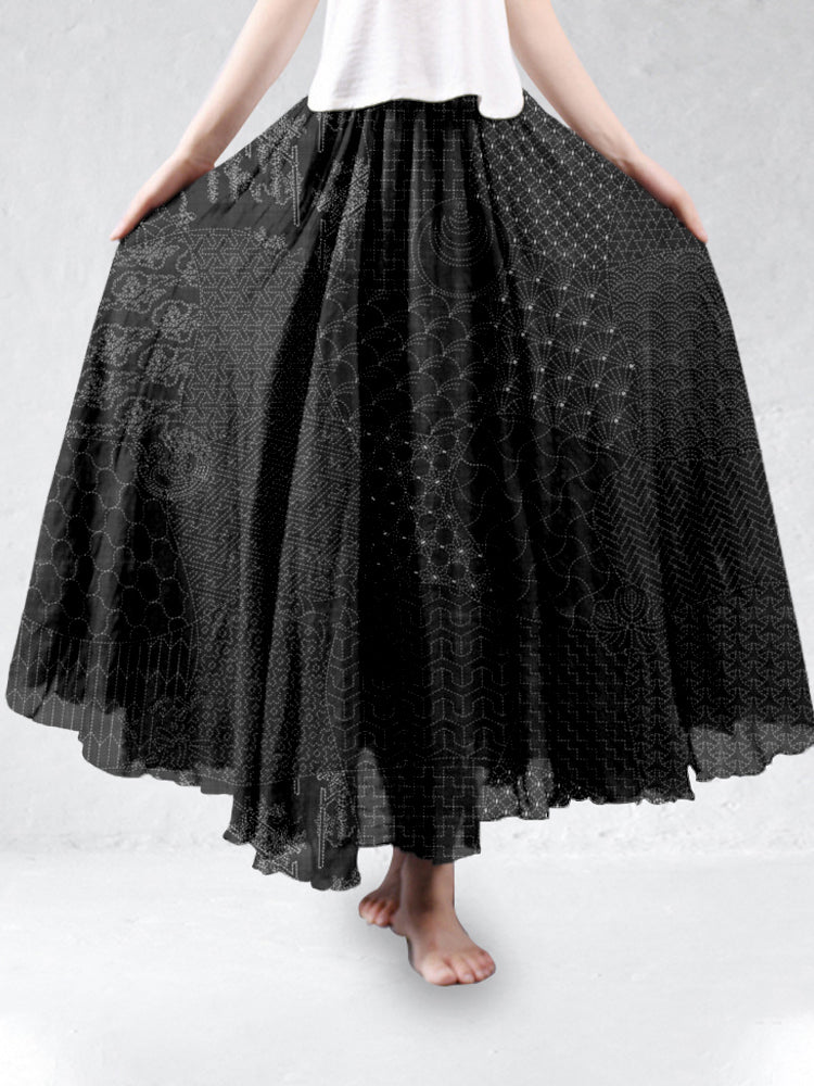 Japanese Traditional Sashiko Art Linen Blend Flowy Wide Skirt