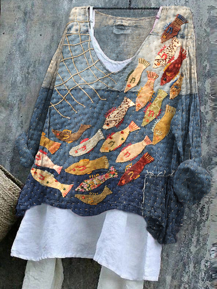 Women's Vintage Patchwork Fish Pattern Linen Blend Shirt