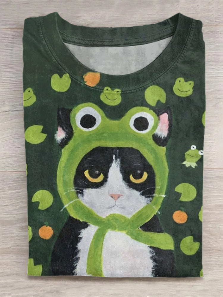 Abstract Creative Cute Cool Cat With Frog Hood Art Print Cotton Graphic T-shirt