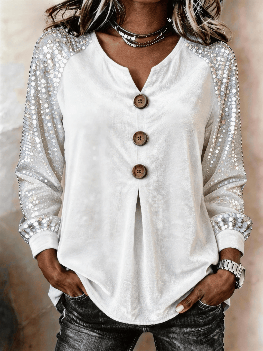 Women's Casual V-Neck Sequin Long-Sleeve Button-Front Top