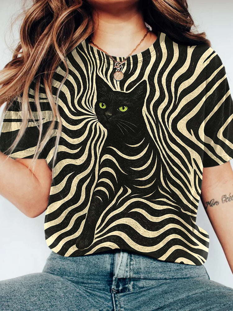 Abstract Creative Striped Cat With Green Eyes Painting Art Print  T-shirt