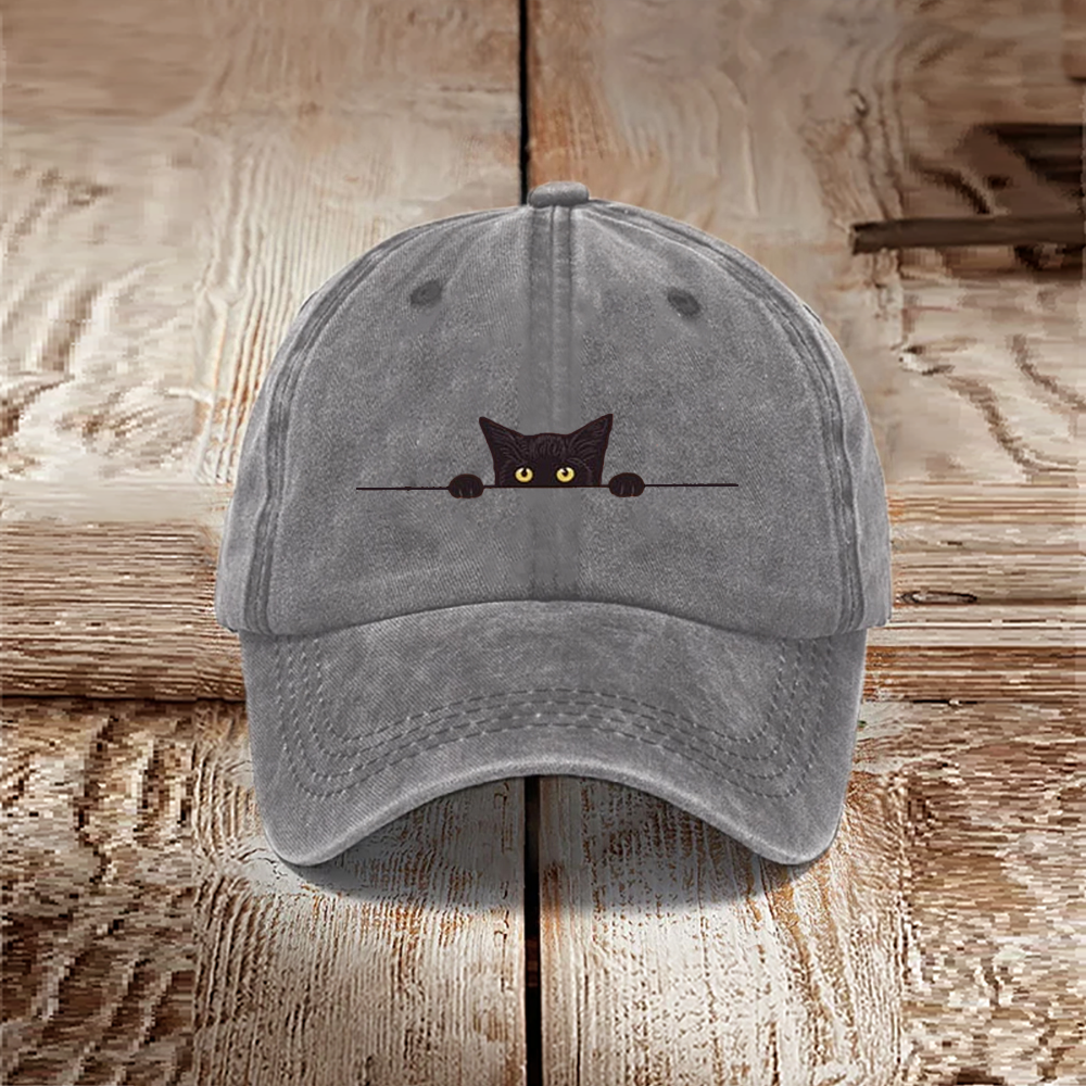 Japanese Art Black Cat Print Washed Hat