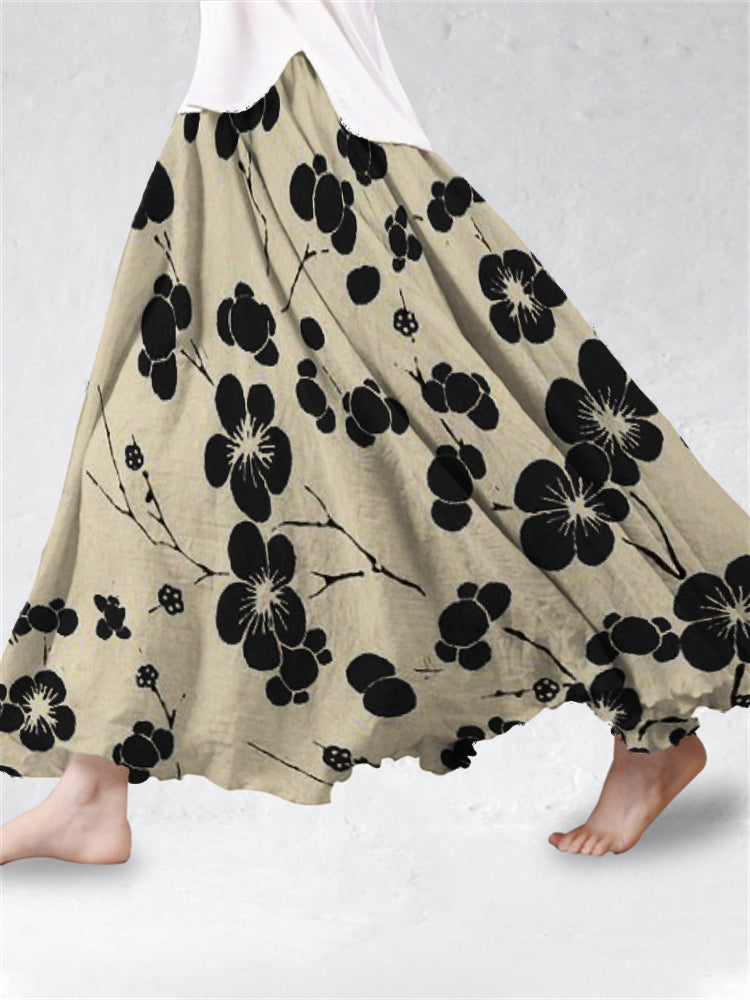 Cherry Blossom Japanese Art Linen Blend Flowy Wide Skirt