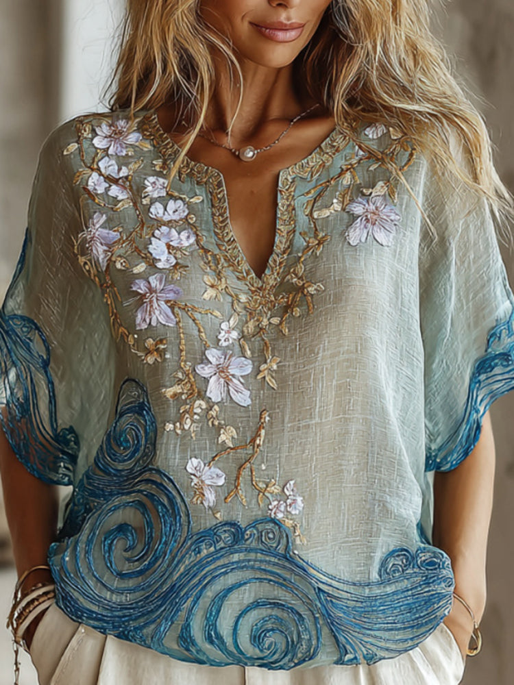 Vintage Gradient Marble Texture And Cherry Blossoms Pattern Linen T-shirt