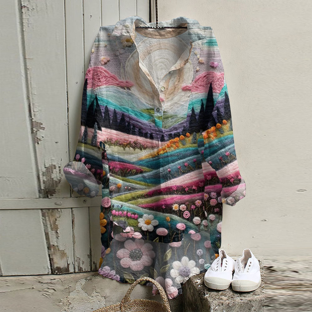 Casual Dreamy Pink Village Art Printed Long Sleeve Tunic