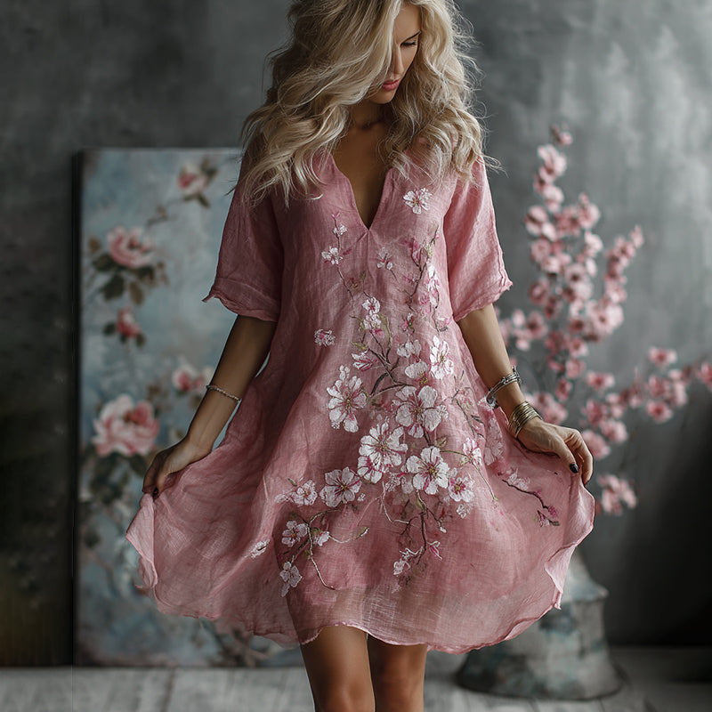 Women's Exquisite Embroidered Print Art Casual Linen Short Sleeved Dress