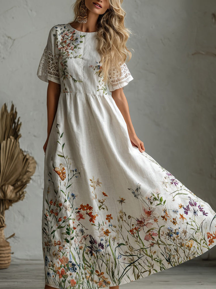 Women's Vintage Spring Floral Art Flowy Linen Maxi Dress