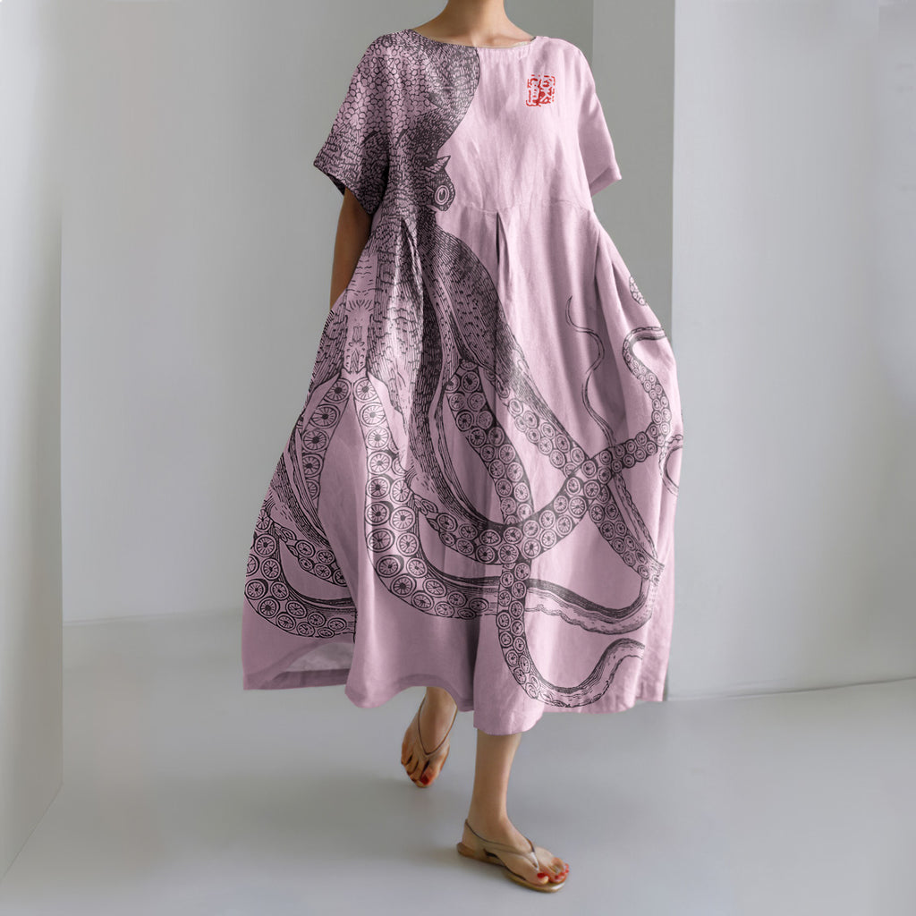 Japanese Art Octopus And Crab Print Casual Art Linen Blend Maxi Dress