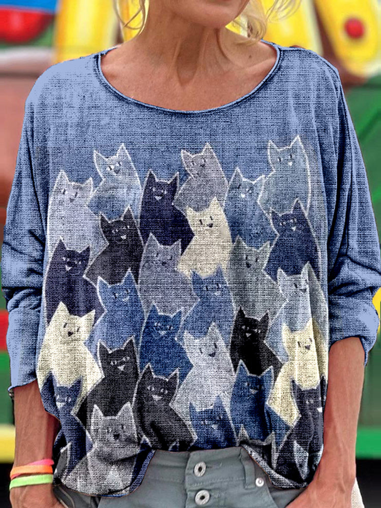 Women's Abstract Geometric Cat Art Print Vintage Linen Crew Neck T-shirt